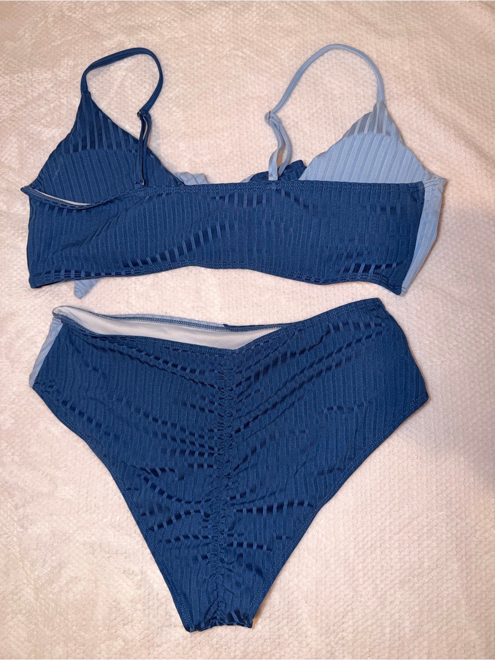 SHEIN Two-Tone Navy and Light Blue Ribbed Tie-Front Bikini - Picture 2 of 8